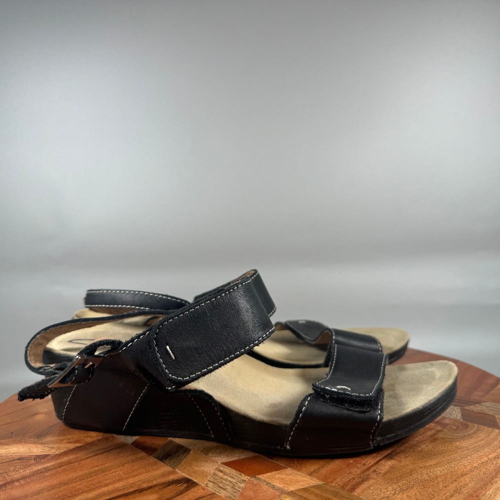 Clarks Womens Black Leather‎ Wedge Sandals Contrast Stitch 8.5M 26065199